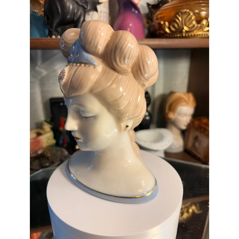 Vintage Ceramic Lady Head Vase Blue Tiara Gold Trim Peach Hair Porcelain Bust